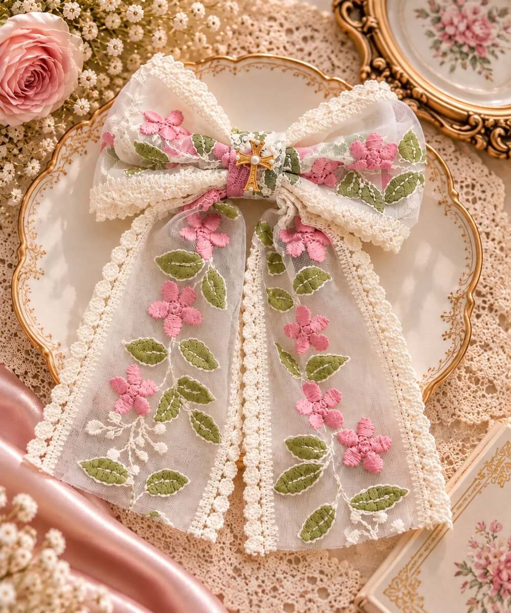 Pink Floral Lace Statement Hair Bow Gold Cross Coquette Cottagecore Accessory